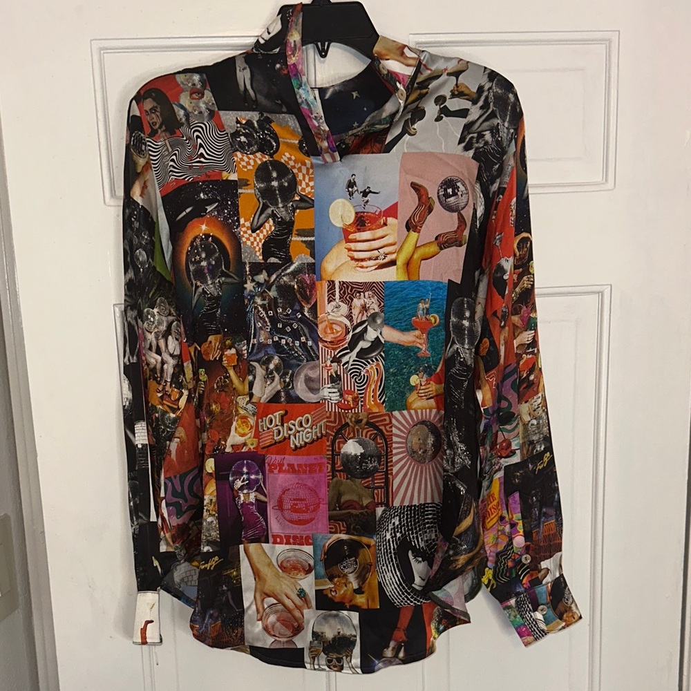 Italian Silk Colorful Collage Print Long-Sleeve Blouse